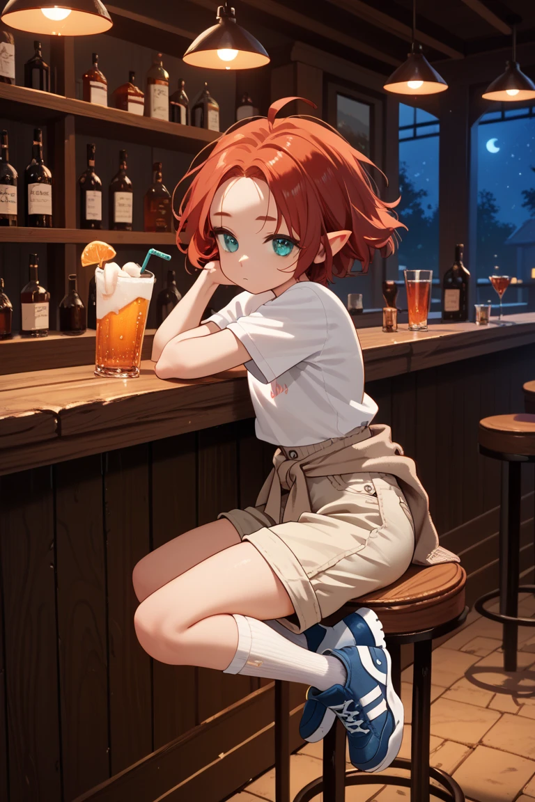 anime girl, brown hair, red hoodie, short hair, shorts, sitting down, night time, dramatic lighting, bus stop, smiling, eye level,