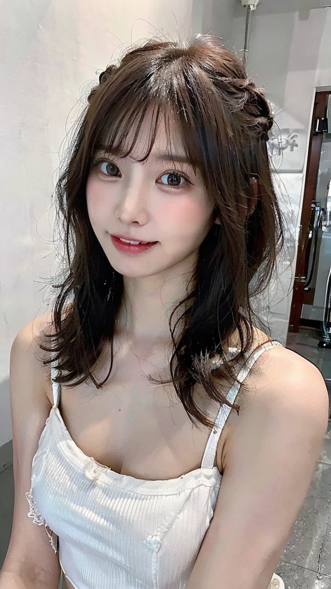 hire, sunlight, Backlight, ((cinematic light, ray tracing)), (masterpiece),((super detailed)), (Detailed CG illustration), (highest quality:1.2),(1 girl:1.2),fine texture, intricate details, fine texture, high quality shadow, realistic expression of face, Detailed Beautiful and Delicate Face, Fine, beautiful and delicate eyes, brown eye pupil, perfectly proportioned face, Depth of bounds written, perspective,20th generation, glossy lips, perfect body, Medium chest, clear_image, focus only, (brown hair), (((Perm Straight Hairstyles))), (Finely drawn beautiful eyes and detailed face), light source contrast, ((medium hair)), 21 years old, studio apartment, Background of the hallway seen from the entrance, ((camisole)), ((cardigan)),shorts,Medium chests, door-opening pose
