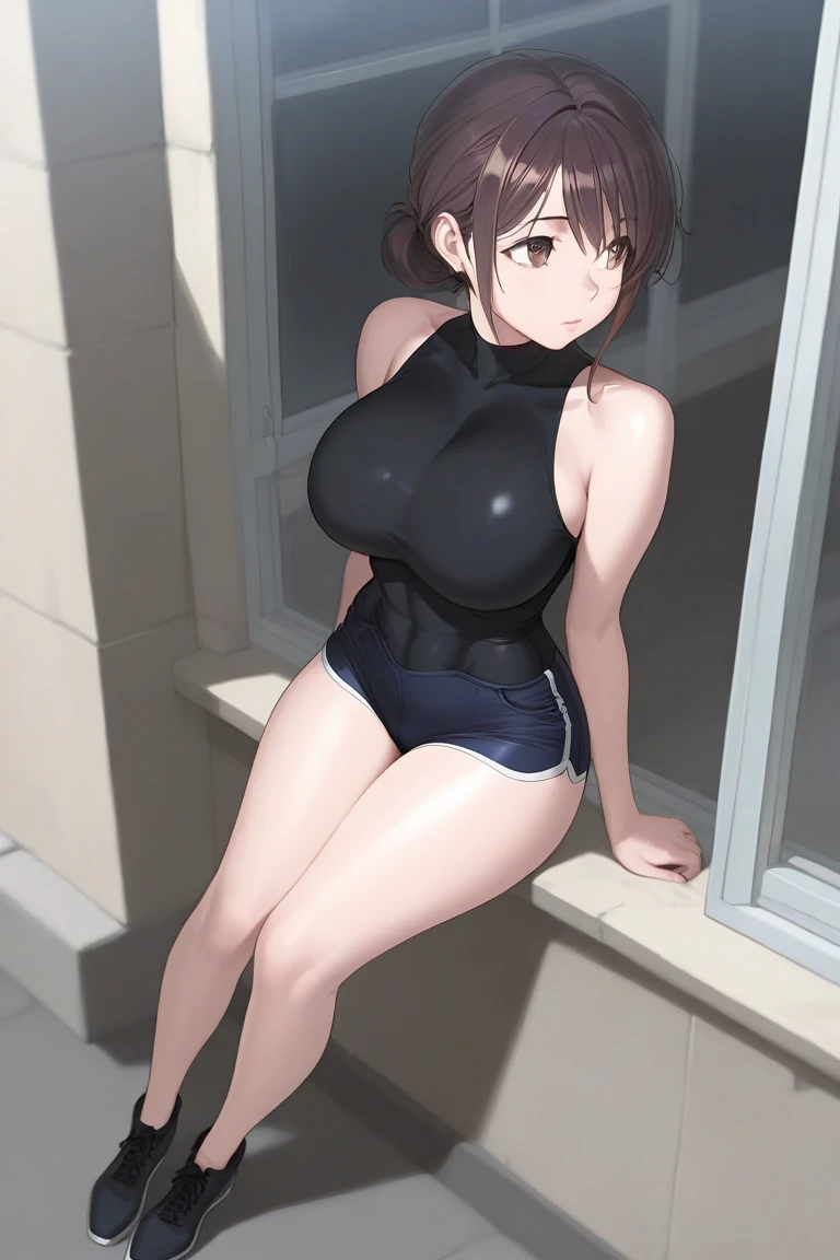 Tight gym clothes，no-bra，Panties，gymnastics equipment room，Anime style image of a woman sitting with legs apart on a mat, [ 4 k digital art ]!!,  seductive anime housewife, Big, Black-brown hair，Iridescent see-through lingerie，My whole body is wet，Smooth Anime CG Art, oppai proportions, 8k high quality detailed art, pixiv 3dcg, SFW Nana huge breasts, Chest covered、SFW, Colossal tits, , Seductive body, Naughty anime style, Married woman atmosphere