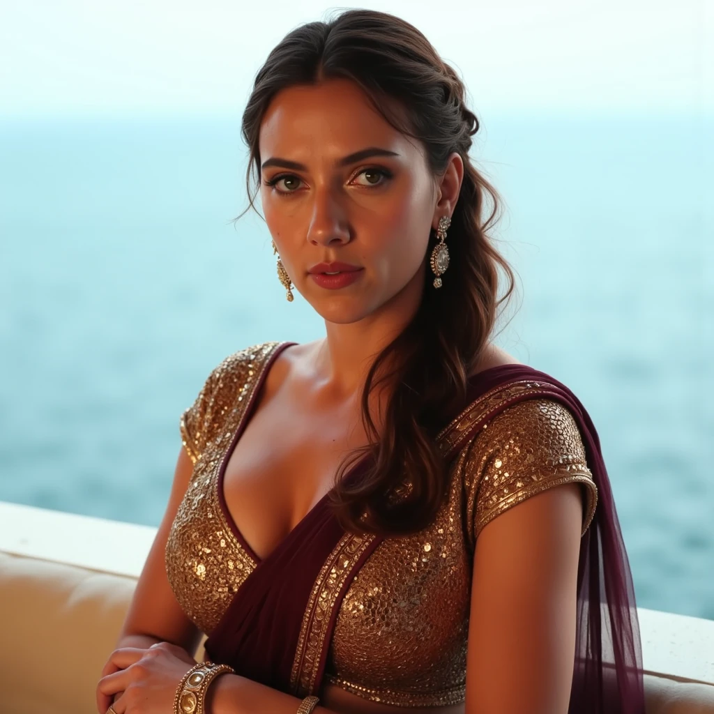 A very close picture of Indian, winding, hourglass figure, massive Breasts swoop, no bra, visible nipples, bend down and hanging breasts, Shows deep cleavage, Kneeling in ceremonies, French braid hair, necklace, Sexy maroon saree and not wearing bra, Sultry, Alluring eyes, Look at the viewer and smile, (Cinematic:1.3), Complex details, (ArtStation:1.2