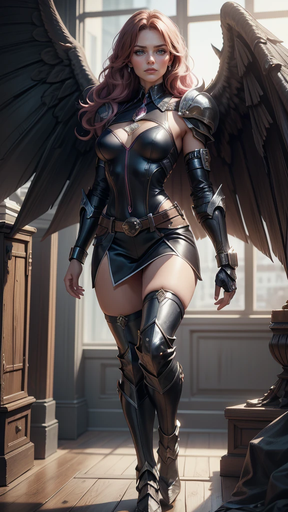 a picture of an mecha angel wearing black leather jacket, ((full body: 1.5)), exotic beautiful angel ((anatomically correct: 1.5), (ultra detailed face: 1.2), best detailed face, busty, folded wings, white angel wings, white mecha armor, she is wearing black leather jacket, intricate leather jacket, glam leather jacket jacket has metallic studs, wearing thigh high heeled boots, cyberpunk church background, , vibrant, Hyperrealism style, vibrant, Ultra-high resolution, High Contrast, (masterpiece:1.5), highest quality, Best aesthetics), best details, best quality, highres, ultra wide angle, 16k, [ultra detailed], masterpiece, best quality, (extremely detailed) RAW, feathered wings, Hyperrealism style