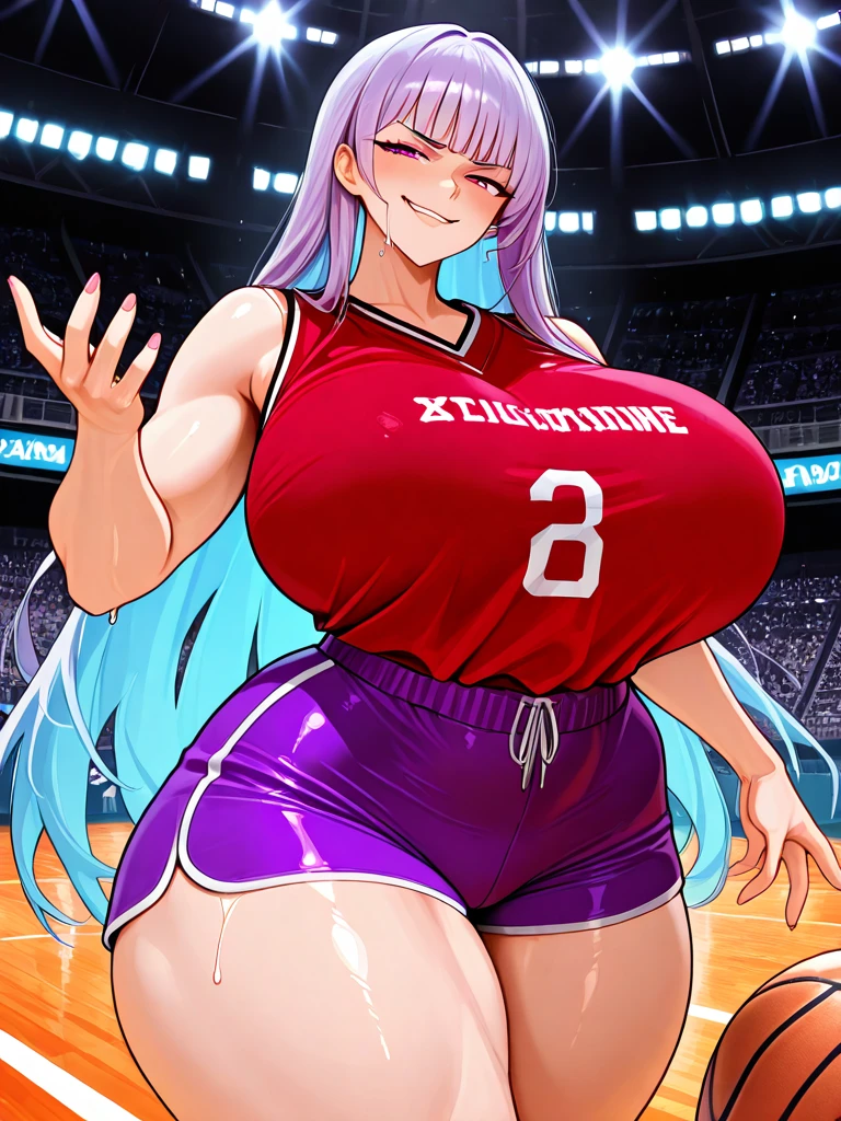 1 girl, big watery eyes,Lola:Add to_detail:1,big breasts,very Bigger breasts,极其沉重的big breasts,极其柔软的big breasts,super gigantic breasts,secretion of milk,Basketball jerseys,at basketball court ,barefoot,leg rings,very soft breasts,The chest is larger than the head,Basketball game