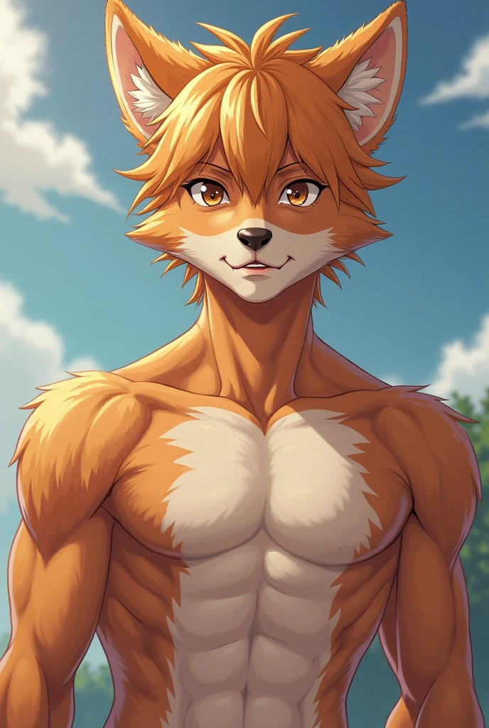 (masterpiece, 4K, ultra detailed), red panda furry, orange fur, dark brown belly fur, short hair, masculine, sunny, lake, shirtless, muscular, slim, eight-pack, blush, frown, adult, cartoony, anime, naked, penis, blue eyes