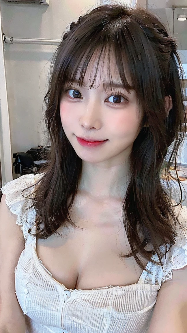 (masterpiece:1.3), (8K, Photoreal, Raw photo, best image quality: 1.4)、In town、Japan beautiful office lady、29-year-old、medium-short hairstyle、cleavage:1.2、super detail face、pay attention to details、double eyelid、Big eyes、cute woman:1.4、light brown hair、highest quality、masterpiece、超A high resolution、(Photoreal:1.4)、fun expression、