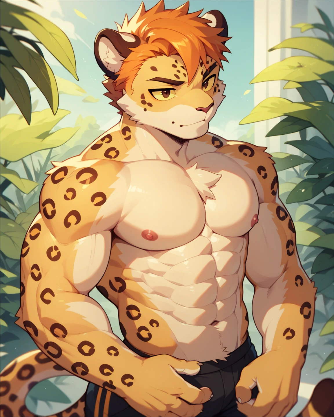 Solo, Furry, Anthro, Lynx, Male, E621, Standing, Muscular, Hands behind back, Wearing underwear, Plain background, Front view, Light skin, By buta99