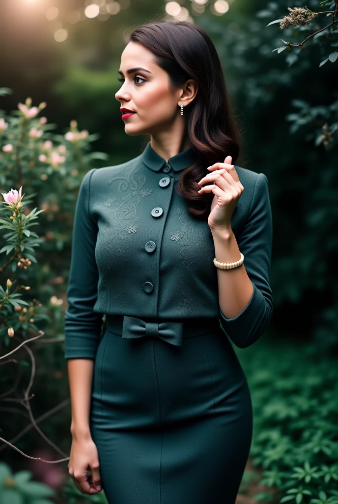 modest young woman 1940, modest dark green wool suit, big black buttons in a victorian farmhouse setting, bob hairstyle with curled bangs, big smile red lips teeth slightly crooked, with dark lipstick, longer skirt, black pumps, slim oval face, very conserative dress, thin body,
