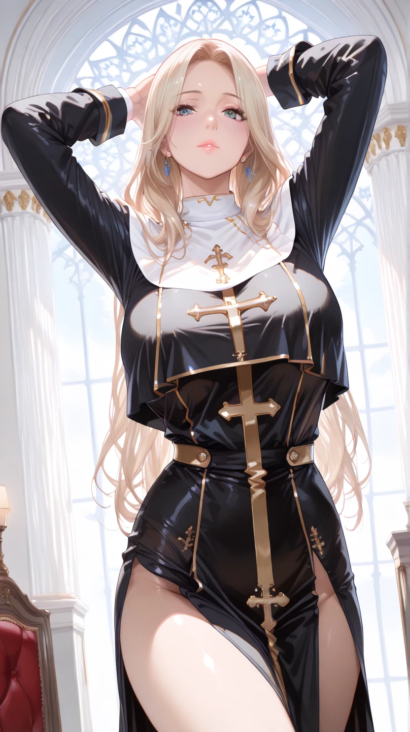 One Girl, Blonde Hair, Red eyes, Big Breasts,, A shy smile, Mature Woman, Church Background, Textured skin, Ultra-high resolution, Ultra-high resolution, Ultra-high resolution, Ultra-high resolution, Awards, Attention to detail, Incredible high key lighting and shadows, masterpiece, Great illustrations,Knee-high socks、Long glovesKnee-high socks、Long gloves、Shoulders are exposed。Knee-high socks、Long socks、Attractive legs