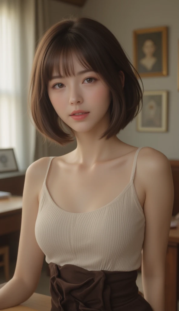((NSFW))、(masterpiece:1.5)、(8K)、(Photorealsitic:1.5)、Raw photography、(Top image quality:1.4)、(foco nítido:1.5)、 top-quality、masterpiece、超A high resolution、Perfect dynamic composition、 20 years old、slender、prety woman:1.4、serious facial expression、 in the livingroom、Wearing a tube top、 light brown hair、bob cuts、Glowing hair、 Super Detail Face、A detailed eye、二重まぶた、 Natural Color Lip、Transparent skin、