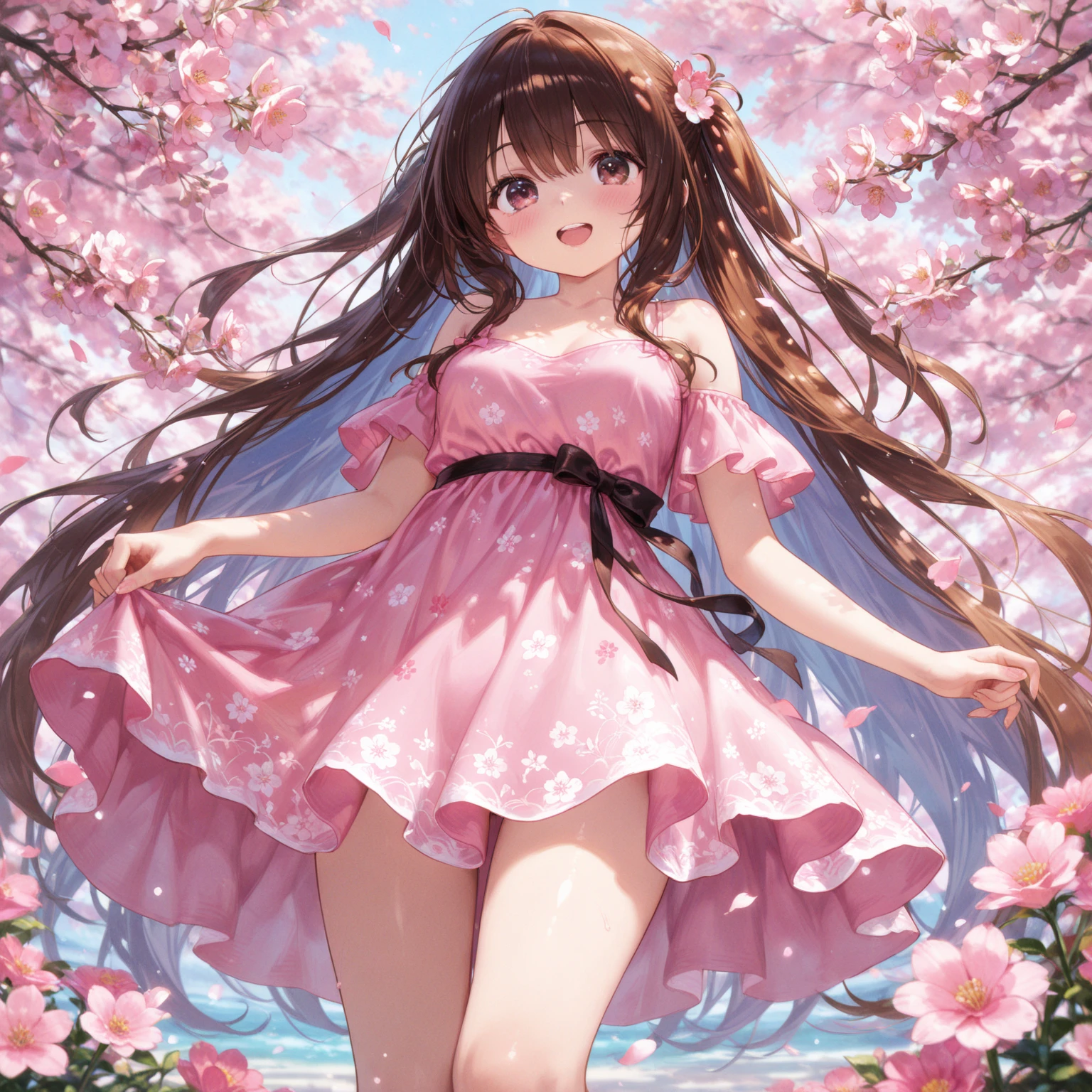 top-quality、extremely delicate and beautiful、Soio、Soio、8-year-old little girl、japanes、Lori、Chiquita、elementary student、A dark-haired、cheer girl、((Pink leotard))、（highleg）、Tiara on the head、A smile、is standing、Facing backwards、s ass、Prickets、Pond in the background、the woods、cherry trees