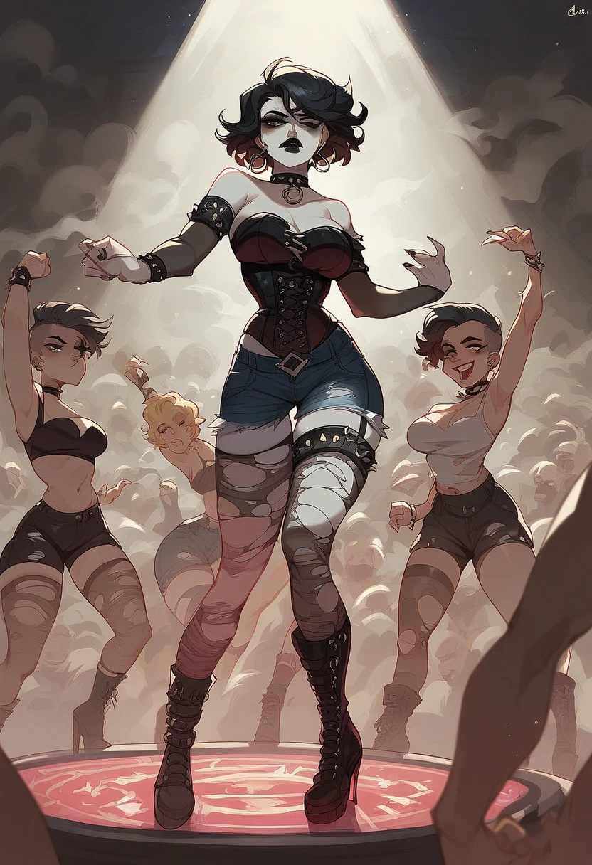 Vintage Vogue Style. full body shot. The background is plain white. The composition is looking up from below. Painted by Banksy. Pinup of the heroine's archaic smile, squatting with her legs open.