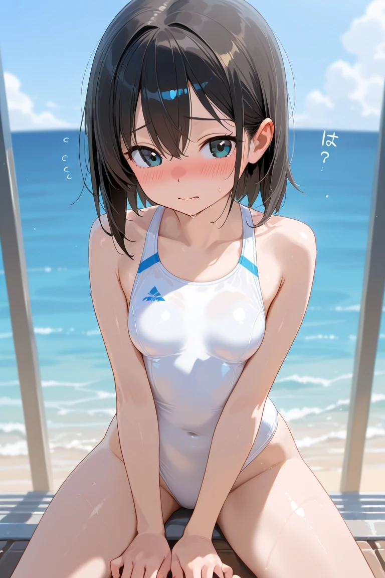 High quality、highest quality、complete limbs、Ultra high definition、vivid colors、full finger、black eyes、very short hair、slender beauty、wearing knee highs、school swimsuit、all white school swimsuit、surprised、resort hotel