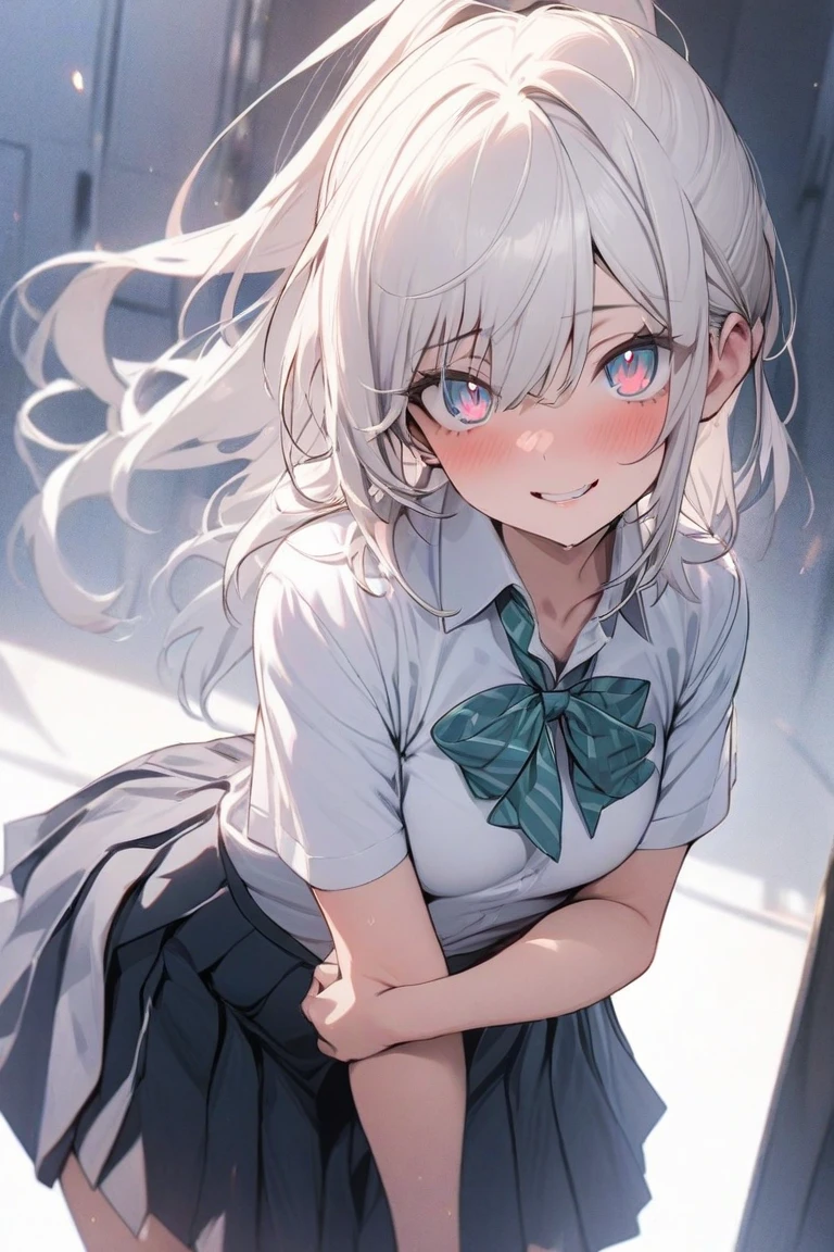 8K, Highest quality, masterpiece, Wallpapers by Unity 8K, School classroom、(One Girl) , 17 years old、 Perfect detail, (Best lighting) , (Very intricate detail)、(One Girl),cute、Big eyes、masterpieceサイドライト、masterpiece、Highest quality、detailed、High resolution illustrations)、(((Silver Hair))),(Her hair color is a blue-gray gradient), Semi-long hair, 非常にdetailed,、High School Uniform, {White dress shirt、Red tie、Short sleeve、Grey pleated skirt}, from behind, from below