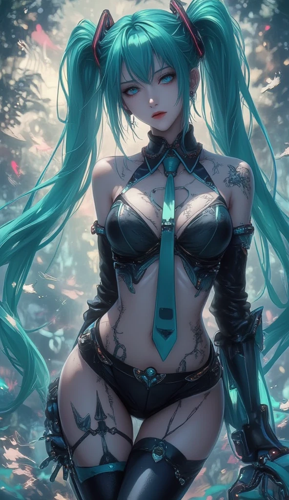 Masterpiece, Best Quality, Hatsune Miku, Girls, Slender, Rainbow Color Eyes, Hair Color, Iridescent, Long Hair Spreads, White Skin, Medium, Cute, Sexy, Halo, Near Future, Bikini, Too Exposed Skin, Psychedelic, Trip, Extreme Color, Paisley, Extreme Color, Cyberspace, Cyberpunk, Mandala Theme, Open Legs, Eyeshadow, False Lashes, Blushing, Left Arm of Machine, Smile, Systemic --auto --s2