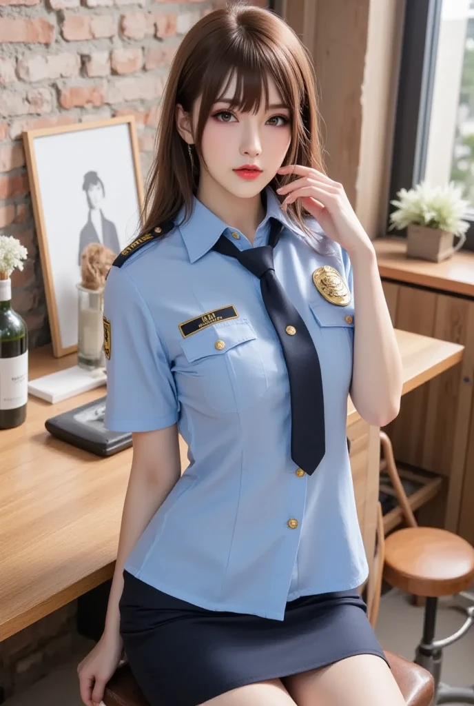 Sleeping Girl, 20 years old, Realistic,Wearing a police uniform,Open legs, Expressions of satisfaction and relief, Brown hair. Pink bed theme and some cute stuffed animals on the bed,An ultra-high picture quality,high-detail,Get up,