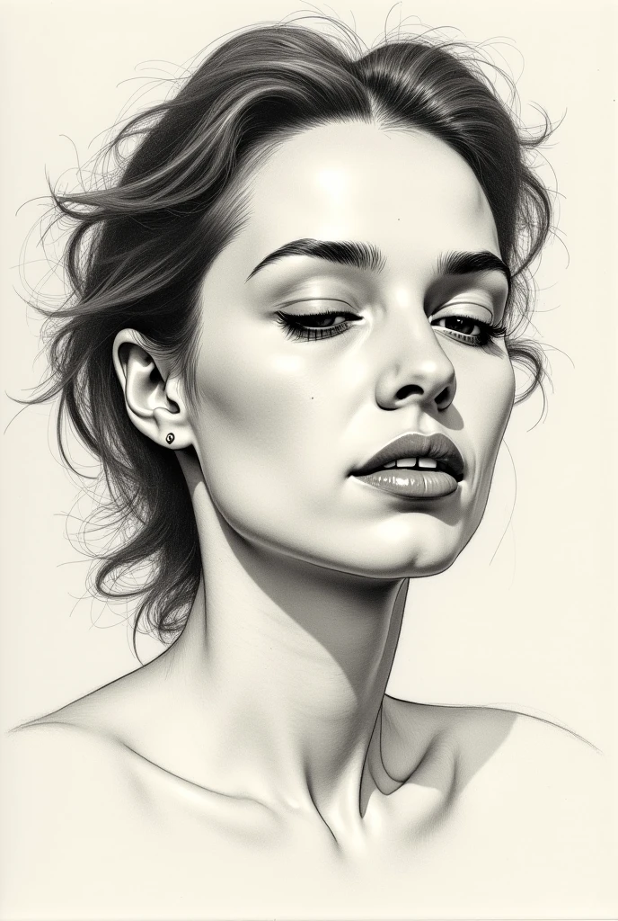 A stunning freehand sketch of a woman&#39;s portrait, masterfully rendered in conté crayon and charcoal. The subject has a thoughtful expression, the head tilted slightly, and his gaze lost in contemplation. The low contrast, faded appearance gives the portrait a nostalgic feel, with clear, blurred lines that look like they&#39;ve been smudged with a finger. The subtle play of shadows and light adds depth to the sketch., showing the artist&#39;s exceptional mastery of the technique., painting-like, illustration,soft pencil marks on the skin, look ahead 
