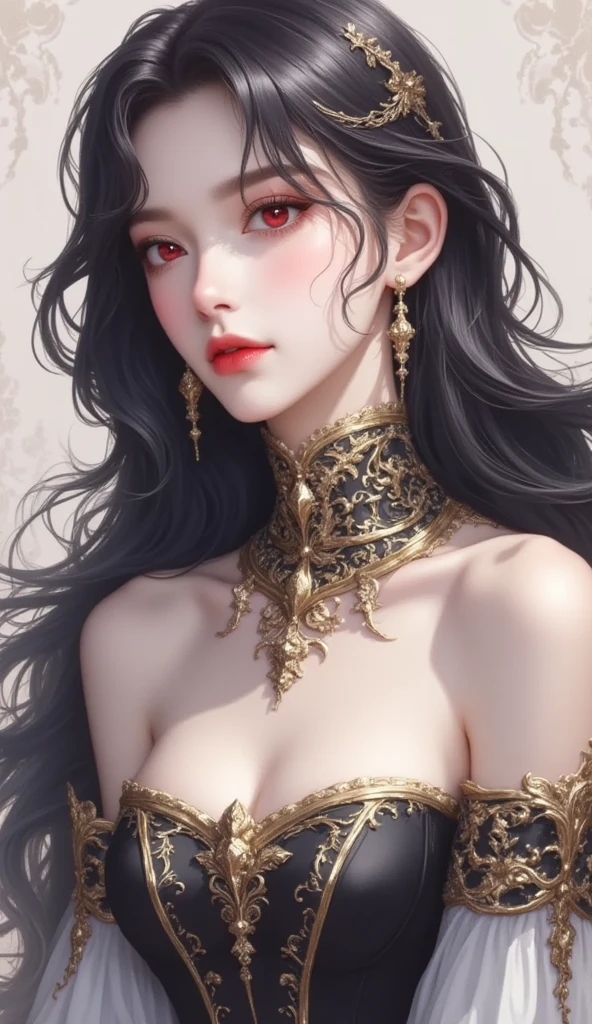 Highest quality, masterpiece, Ultra-high resolution, (Realistic: 1.4), RAW Photos, 1 person, Black Hair, Glowing Skin, (Beautifully detailed face), (Beautiful attention to detail),Dramatic lighting, whole body,, Red dress, huge