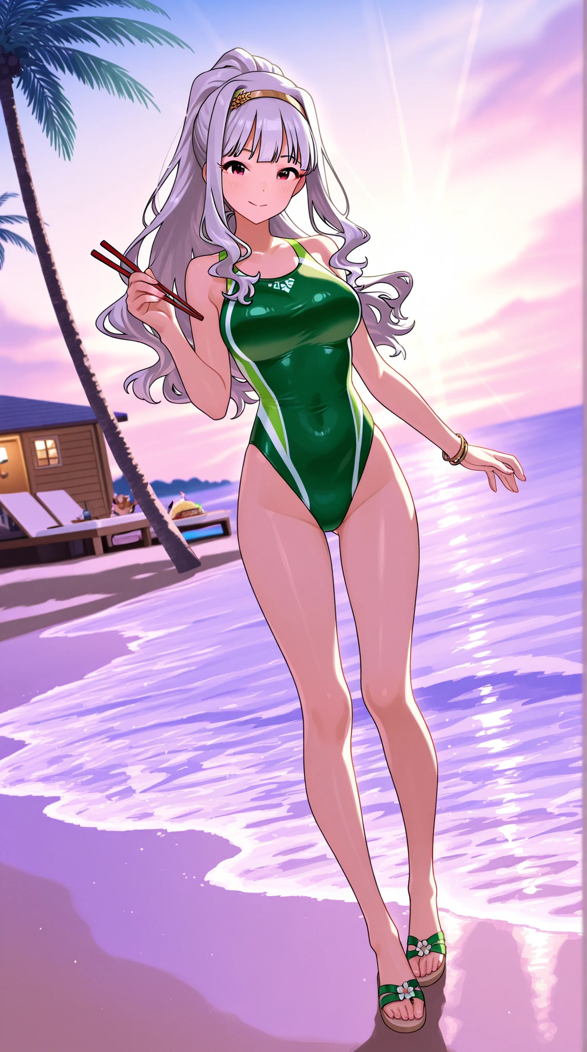 A young silver haired woman with green eyes with an hourglass figure in a gothic one piece swimsuit is running on the beach with a big grin