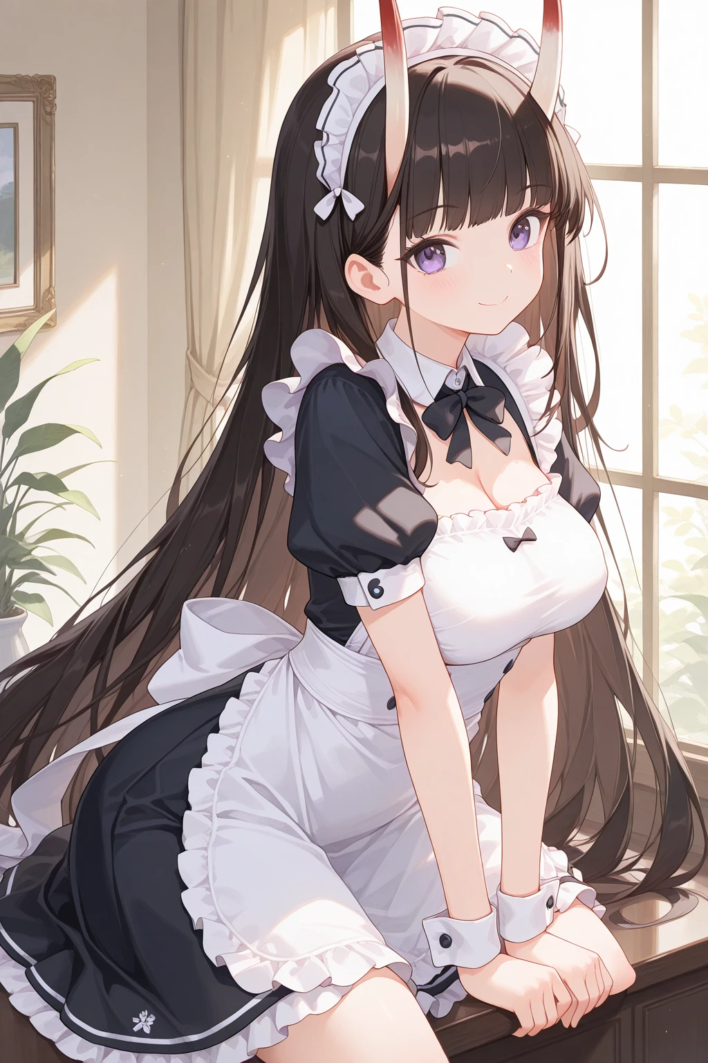 1girl, young beautiful girl, ulutra detailed, best quality, detailed face, deep detailed eyes, sparkling eyes, (shiny brown beautiful eyes with reflections), shiny-black hair, French maid, maid dress, mini skirt, knee-high socks, maid headdress, full body, large breast, shoot from above, looking at viewer, (blush:1.1), gothic room, sofa,