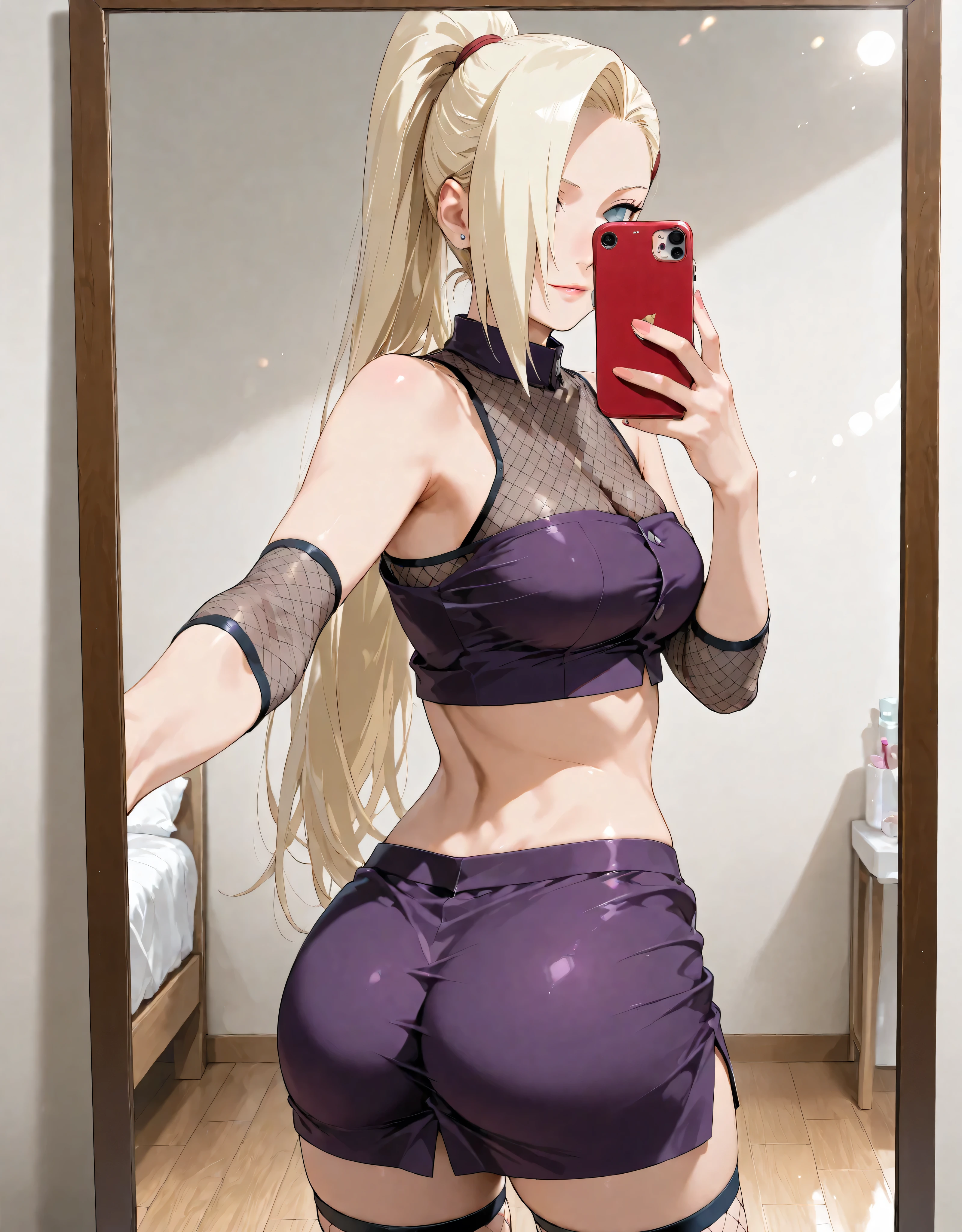 score_9, score_8_up, score_7_up, score_6_up, uncensored. An ultra-detailed 8k manga illustration, (Erotic Portrait of an alluring) character "Ino Yamanaka" from Naruto. InoShipuuden, ((One girl)), blonde hair, high ponytail, hair over one eye, midriff, navel, purple skirt, fishnets, crop top, breasts, blue eyes, bare shoulders. Semi-Naked, taking a selfie photo in front of the mirror, mirror selfie, ass selfie, phone.