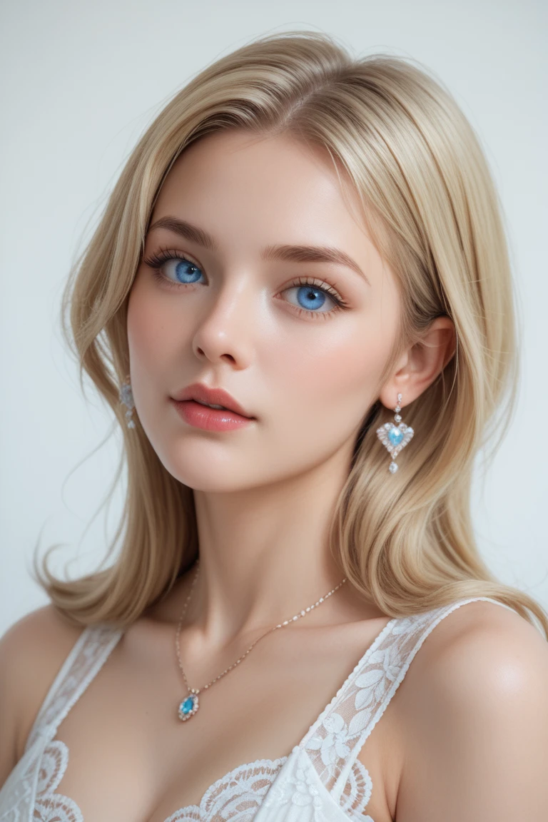 a stunning 20yo woman with piercing brown eyes and medium blonde hair, wearing blue lace and stockings, realistic, necklace, intricate details in the clothing, sexy pose, studio lighting to enhance the depth and realism of the image, big breast, white skin, full body 1:3 , highest quality, Accurate, UHD, retina, High resolution, 8K, 3/4 portrait from the head to the thighs