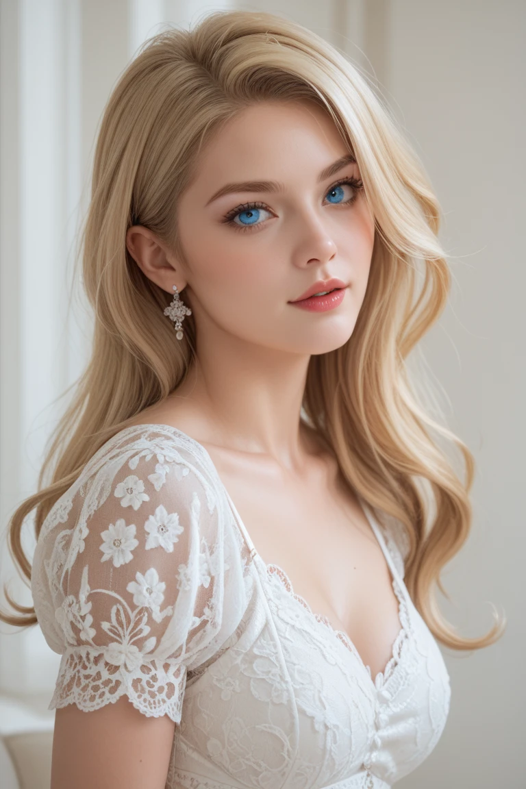 20 year old, german girl, solo, long hair, breasts, looking at viewer, blonde hair, princess, strapless lace gown, rosy lips, earrings necklace, tiara, cleavages, smokey eyes, castle, fairy tale, blue eyes