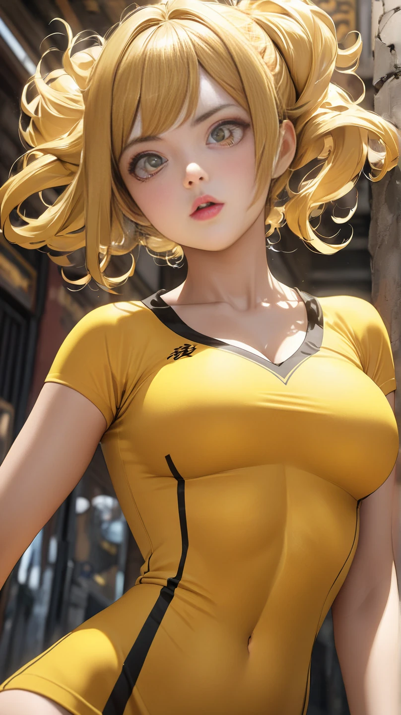 anime (mato seihei no slave), female teen , sexy (very big tits), actress (Ginna Bizen) ,yellow eyes, blond / yellow short hair, wavy haired , two hair pins near her left eye, sport body suit , She practices gymnastics at the gym.