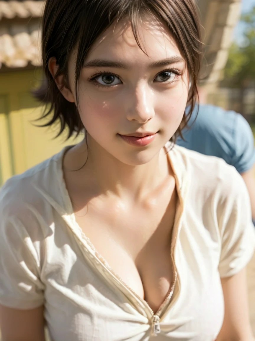 ((highest quality, 8K, masterpiece :1.3)), 1 Innocent Girl:1.3, (short hair,Soaked tennis wear with skirt,beautiful breasts :1.2), super detailed face, fine eyes, double eyelid,whole body,cute face,(Sitting on stone steps),(realistic face),(realistic skin),smart body,hips are facing forward,Half Japanese and half European,Sexy facial features