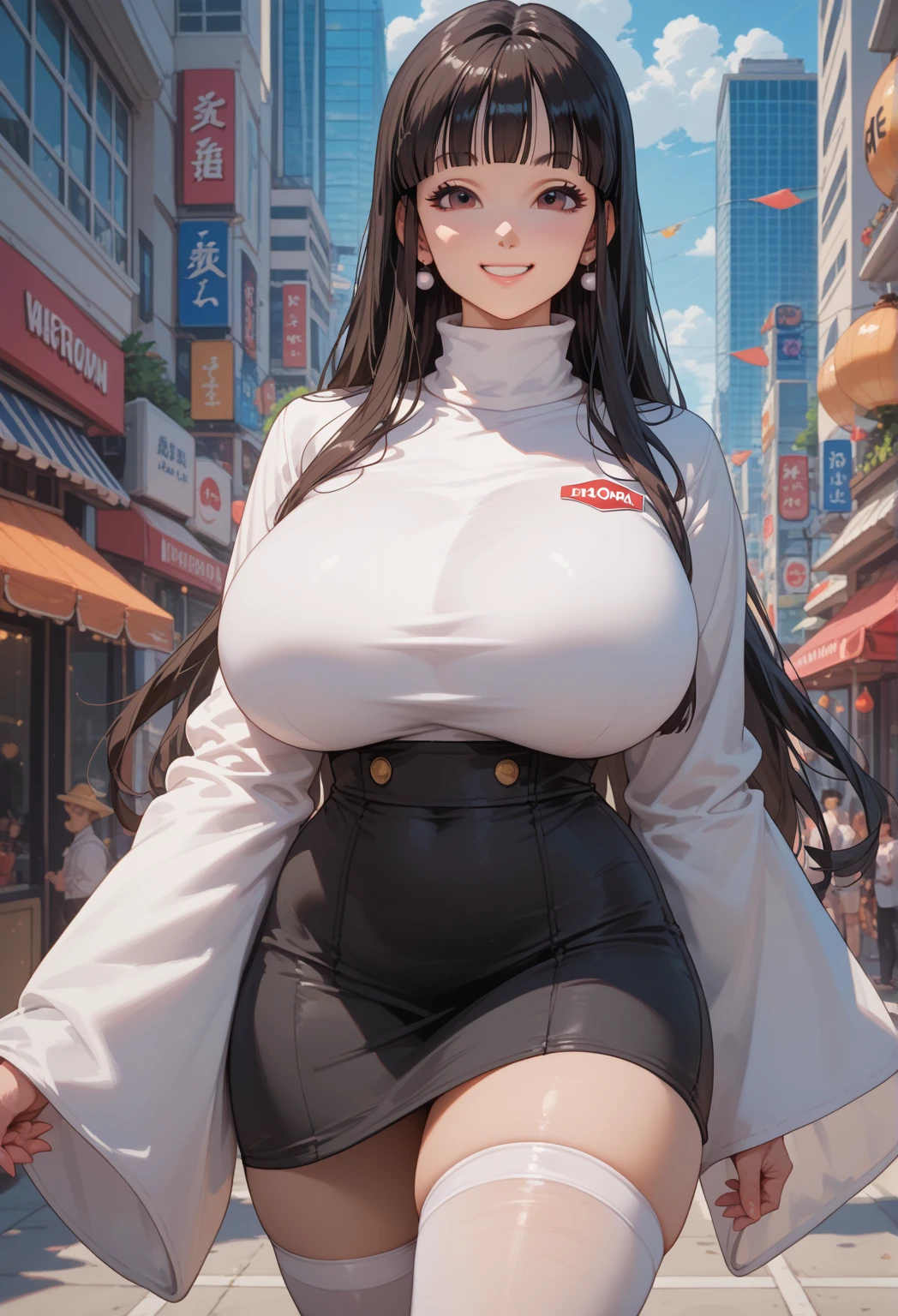 Sexy and beautiful korean girl with really huge boobs, hips and ass and with beautiful long black hair wears pink very tight and slutty crop top, pink very short and very slutty mini skirt. She is walking in public