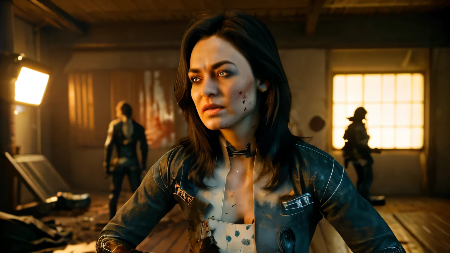 8k, best quality, real picture, intricate details, ultra-detailed, ultra highres, depth field,(photorealistic,realistic:1.2), masterpiece,photo of european girl, miranda, blue eyes, black hair, long hair, (bruise, dirty, torn clothes, blood:1.3), ripped bodysuit, , solo, sun, blue sky, best quality, realistic, photorealistic, (intricate details:1.2), (delicate detailed), (cinematic light), clear line, sharp focus, realistic face, detailed face, unity 8k wallpaper, ultra high res, (photorealistic:1.4),, shooting gun, angry full body shot