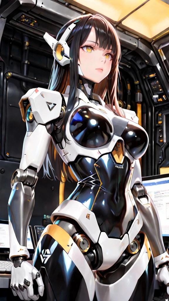 1 girl, alone,riofutaba, rio futaba, black-framed eyewear, (brown eyes:1.7), glasses, (grey hair:1.2), hair between eyes, over-rim eyewear, semi-rimless eyewear, long hair, sidelocks,,1womanl, Mature, Beautiful face, big eye, (Choppy), (cybernetic body parts), headgear, Short underwear, Cowboy Shot, (Background with: futuristic cyberspace battlefield), (depth of fields), masterpiece, Realistic, impossible details, top-quality