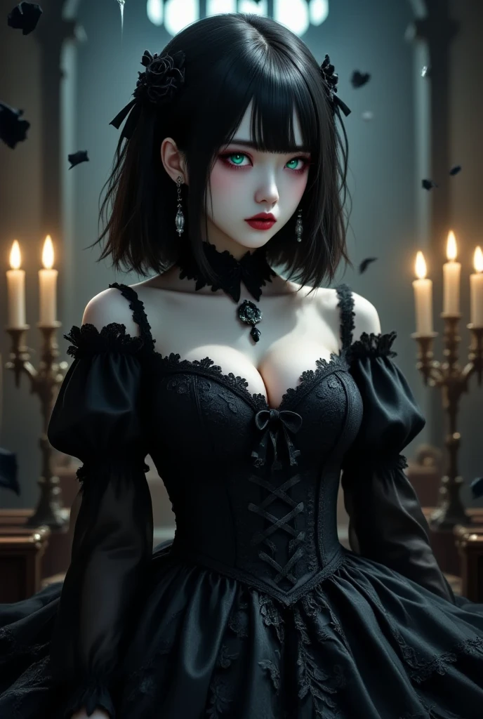 whole body, creepy room, skirt, shirt, long sleeves, frills, smile, creepy, skulls, candle, hair ornament, bone, doll, horror theme, absurdres, RAW photo, extremely delicate and beautiful, masterpiece, Best Quality, ultra high resolution, 32k, hyperrealistic, ultra-detailed, detailed description, pale skin, 20 years old, detailed beautiful face and eyes, tearful mole, earring, Colossal tits, short medium hair, wavy hair, 