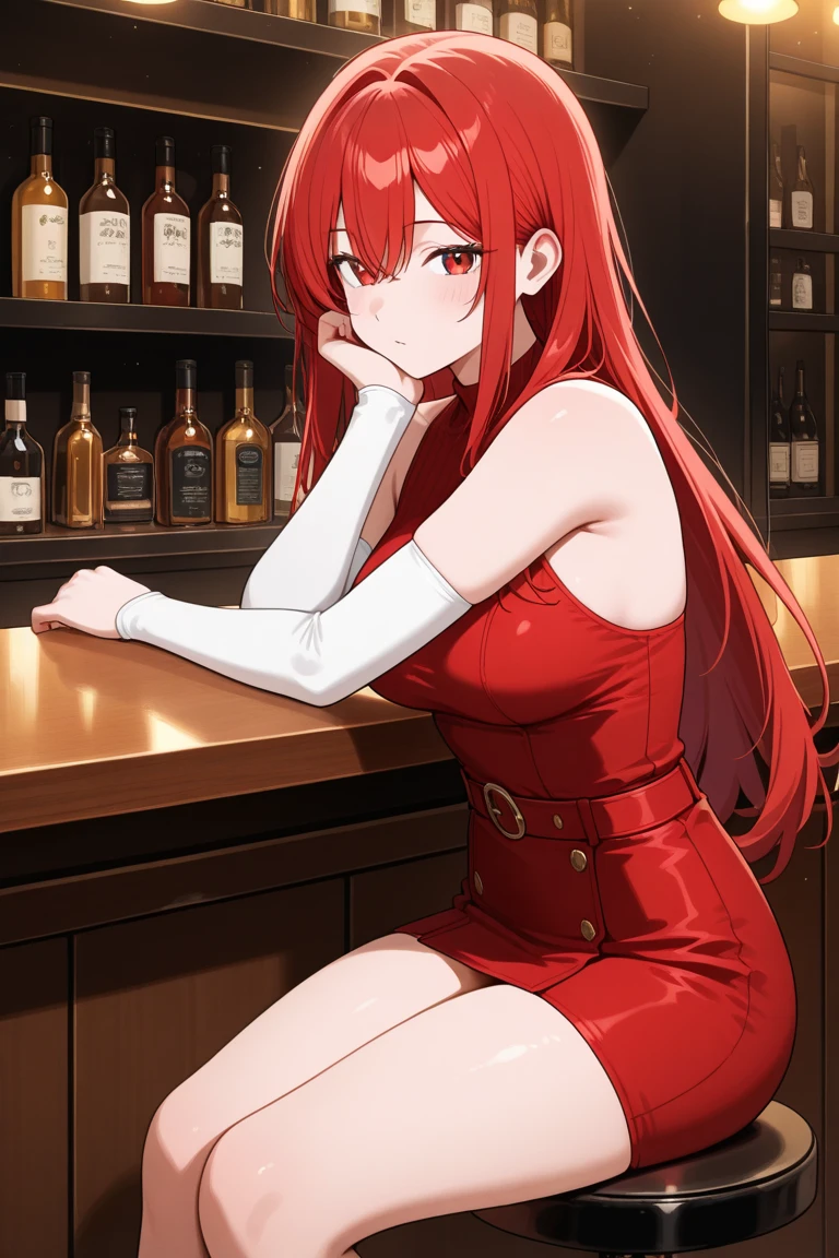 Girl, long red hair, red eyes, medium chest, tight dress, in a restaurant drinking