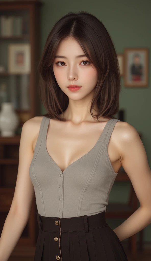 8K, top quality, Matthew piece: 1.2), (realistic, photoreal: 1.37), top quality, Matthew piece, beautiful young woman, smile, attractive and attractive appearance, pale green lace underwear, blonde shortcut, movie background, bright skin tone, full body subject