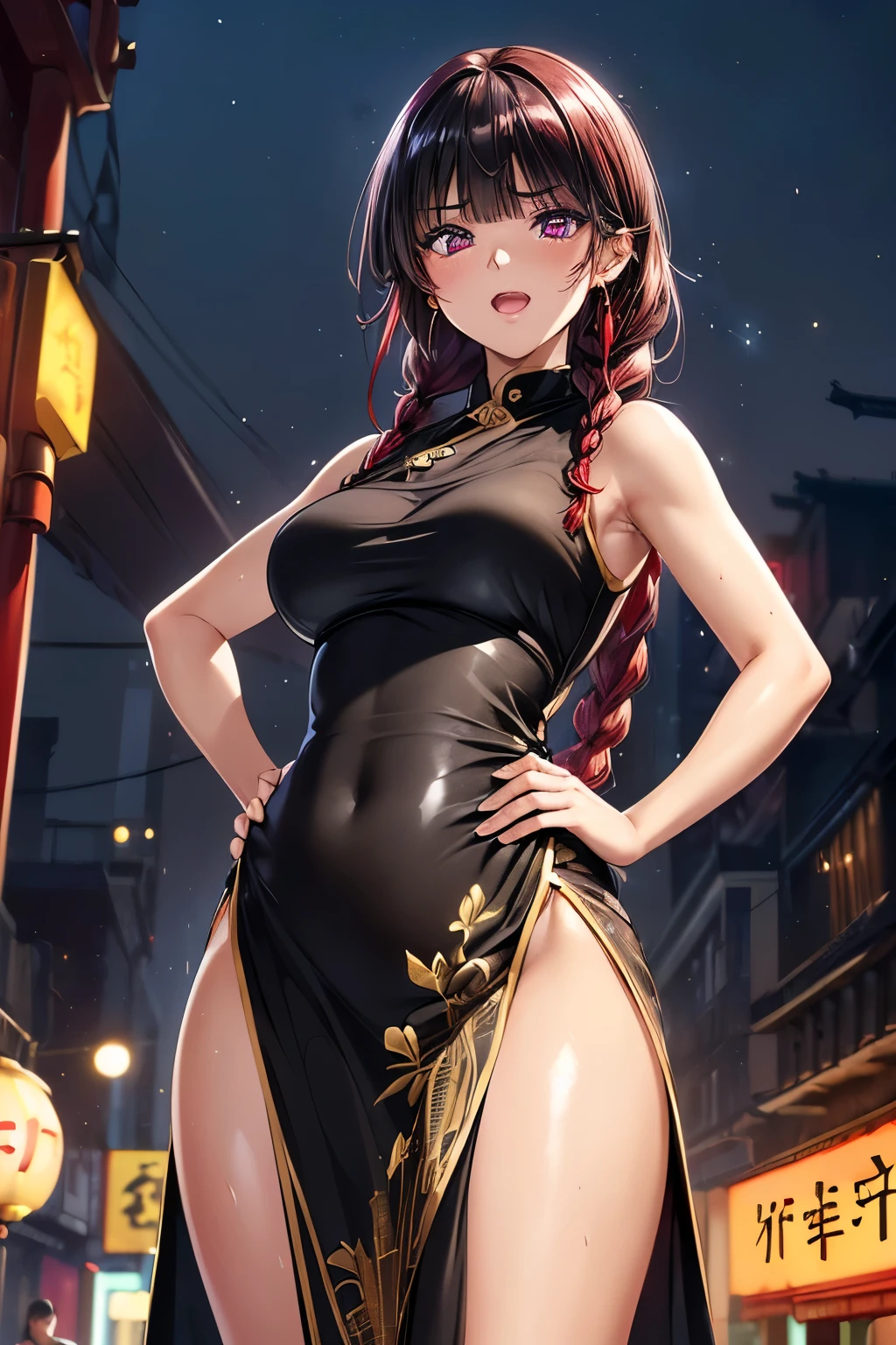 masterpiece, best quality, highres, absurdres, ultra detailed, pretty and defined eyes, pretty_hands Female, Oval Face, High Cheekbones, Defined Jawline, Warm medium tan skin, Almond shaped eyes, Bright hazel eyes, Full dark well defined eyebrows, Straight and well proportioned nose, Symmetrical face, Full lips, Hourglass figure, Ponytail and bangs hairstyle, Just past shoulder length hair, Bold and glamorous, Brown hazel Hair, standing, spinning, black and gold dress