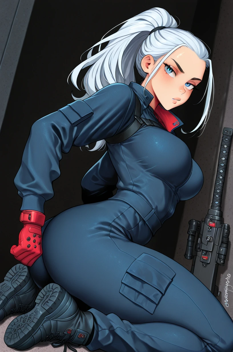 radiant lighting, vibrant colors, whimsical atmosphere, 8K, high resolution, highly detailed, masterpiece, ((my little pony)), (white hair), (pale body), (gray eyes) seductive face, tactical gear, standing, big breasts, bra