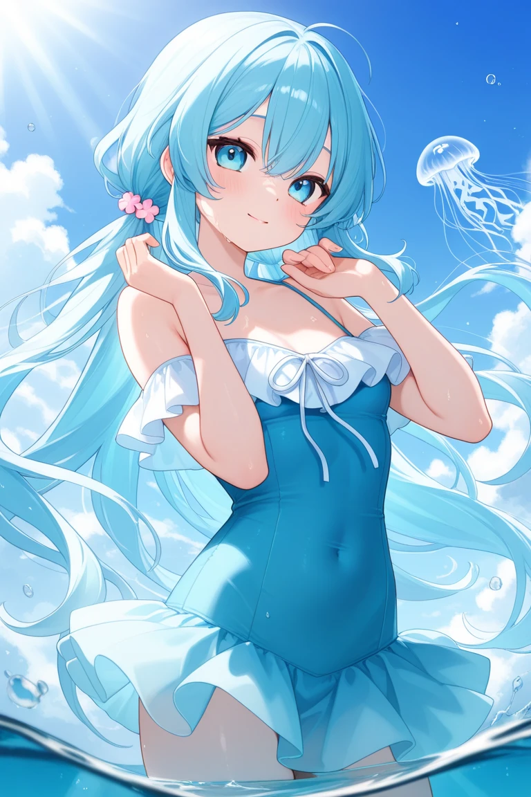((masterpiece)), Confused, ((Lily_Pokemon)), Aqua Eye, blonde,ponytail、Beautiful white skin、White ribbon, White Sailor Suit、White pleated skirt , Sleeveless, ((Charm))、smile、Perfect proportions、((Angle from below))、Water Drop、Simple Background