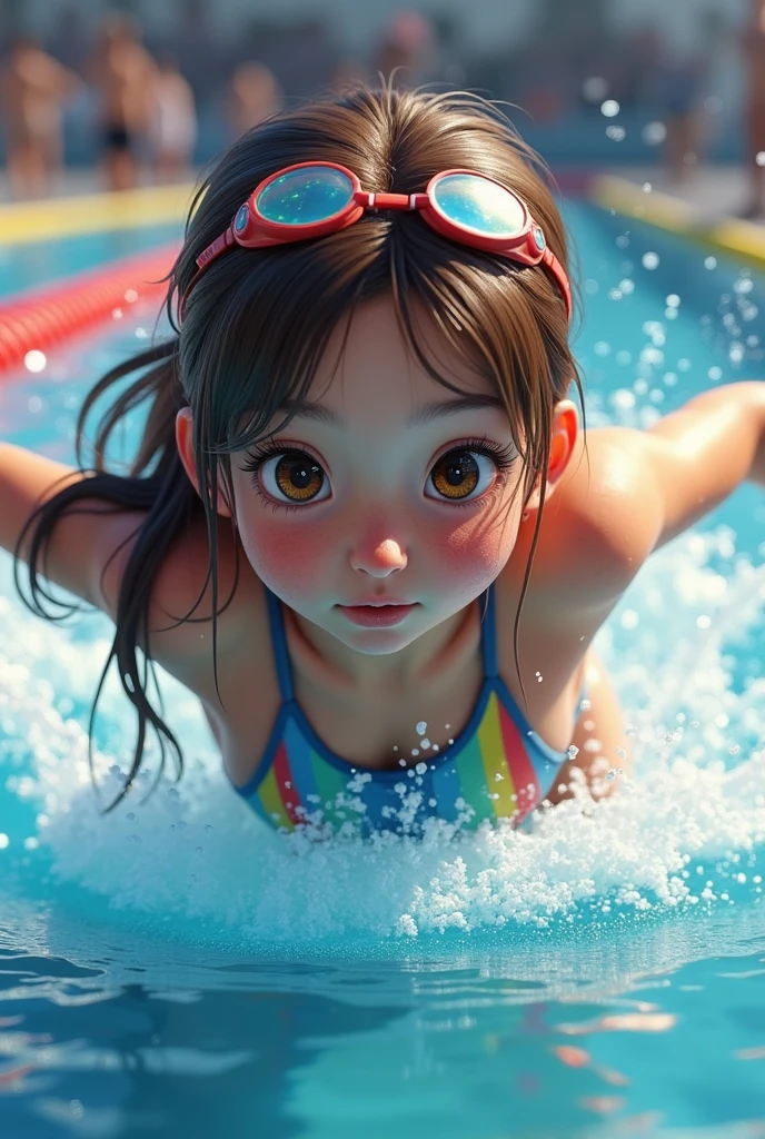 Mia Khalifa,foreshortening, profundidade de campo, master part, best quality, 1girl, brown hair, olhos castanhos, cabelos longos, underwater, bolha de ar, sozinho, Olhando para o Viewer, school school swimsuit, swimming, luz solar fraca,