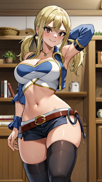 (best quality,highres:1.2),ultra-detailed,realistic,photorealistic:1.37,a beautiful girl (Lucy Heartfillia from Fairy Tail) model in a pop style,18 years old,long legs,medium breasts,extremely detailed face (with emphasis on azure eyes),Her golden-colored hair falls to her shoulders,wearing tight-fitting clothes (exposing the stomach),bent down, lifting her ass to the top,more sexy pose,illustration,colorful pop art style,dynamic lighting,neon colors,sunglasses on head.Nsfw