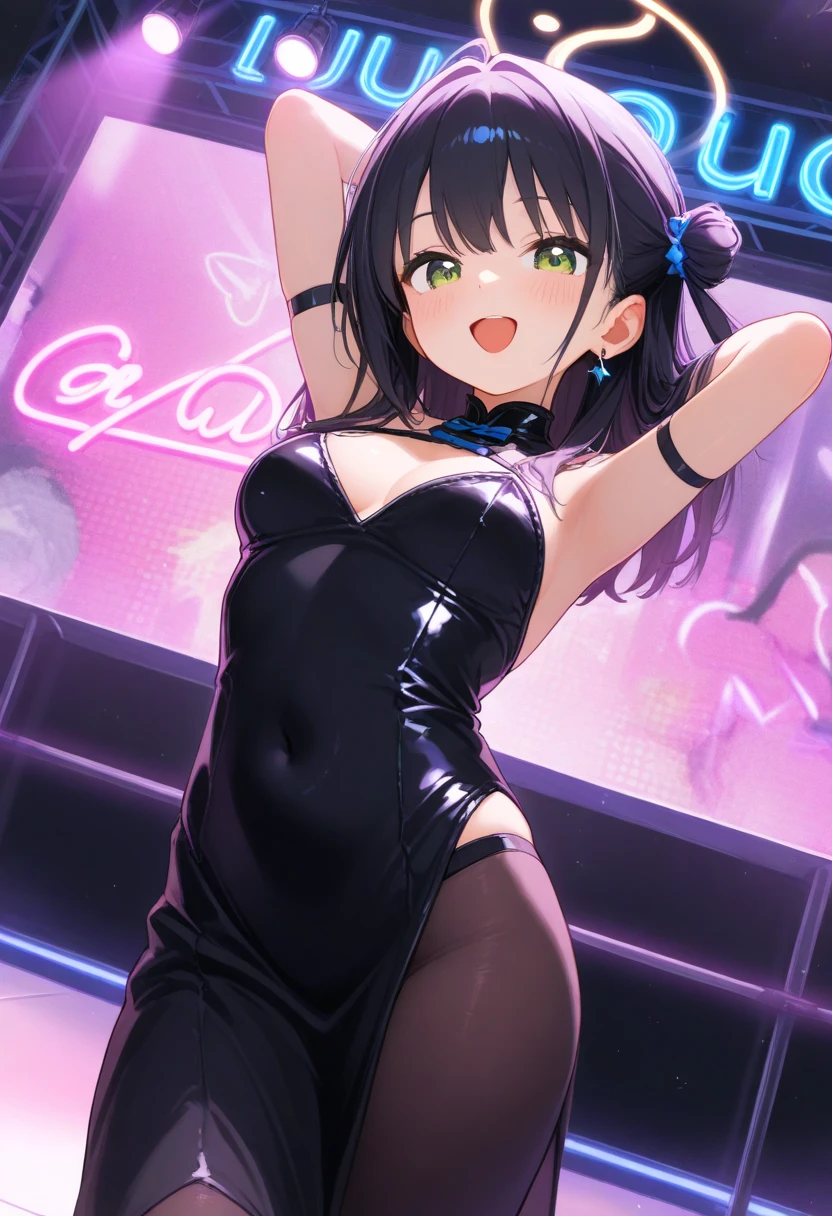 NSFW、Primary school students、、Long Hair、((Small breasts、Small breasts、Angry))、((Sweating profusely、Full nudity、Wrapping a ribbon around the body))、Draw the whole body、Dancing、Standing on the idol stage、Raise your arms、Show your side、Realistic body、Body without breakdown、One Girl