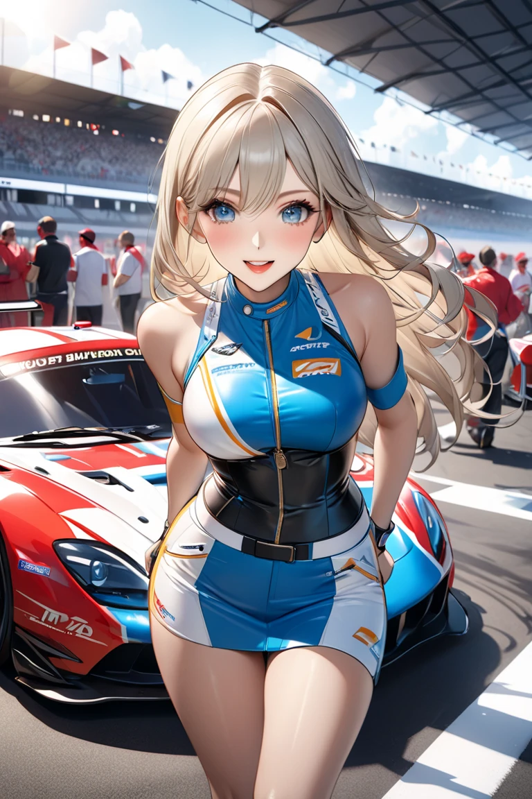 masterpiece,highest quality,32K,ultra detailed,young woman,light brown eyes,light makeup,flat chest,cleavage,fair skin,shiny skin,happy smile,silky hair,hair over one eye,pixie cut,straight hair,beige hair,racequeen costume,looking at viewer,cowboy shot,circuit,racing car