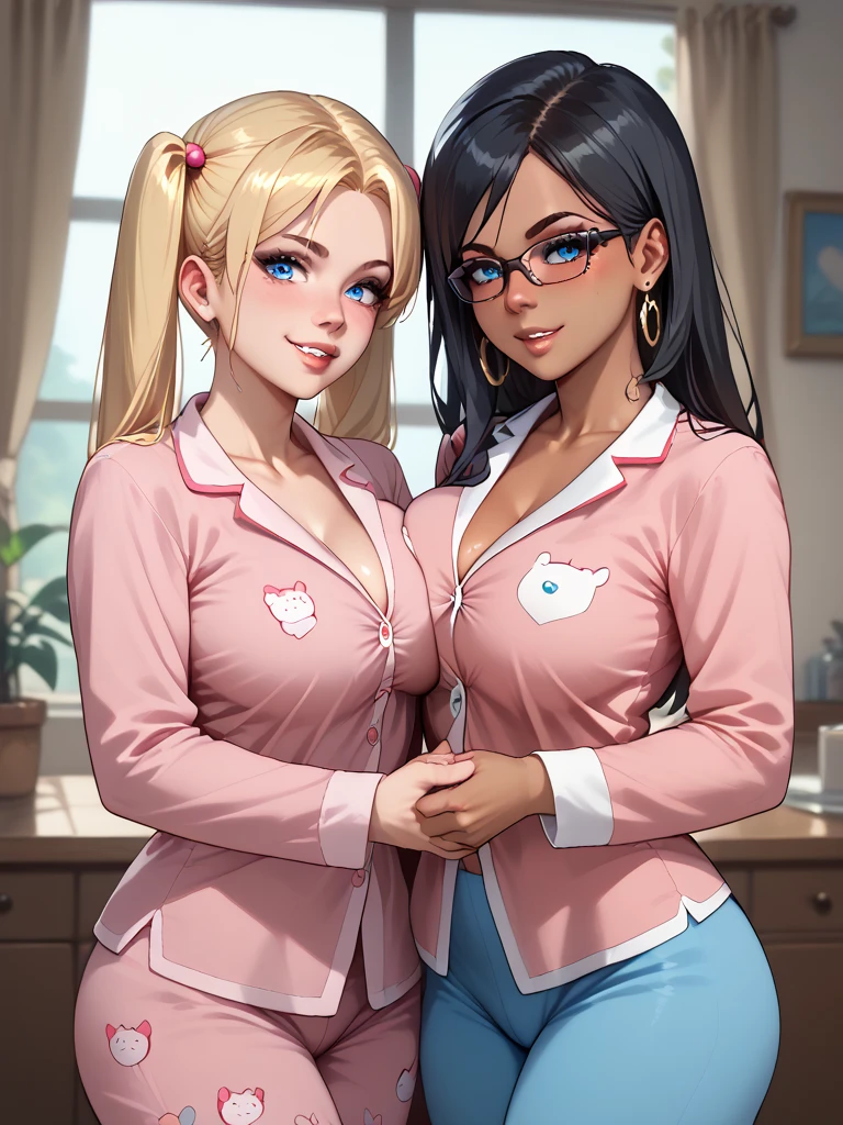 (Muscular:2), (thick thighs:2),
(two asian females touching and smiling for the camera:2), (blunt bangs, long black hair), (adult), beauty mark, (pale skin),
(glasses), earrings, eyeshadow, lipstick,
detailed eyes, (big smile|laughing:1.8),
(hard nipples), (small perky breasts:1.5),
choker, (choker, white button up, cleavage, flared skirt:1.8),
(upper body view), (looking at viewer), three quarter view,
office, rim lighting, two tone lighting, dimly lit