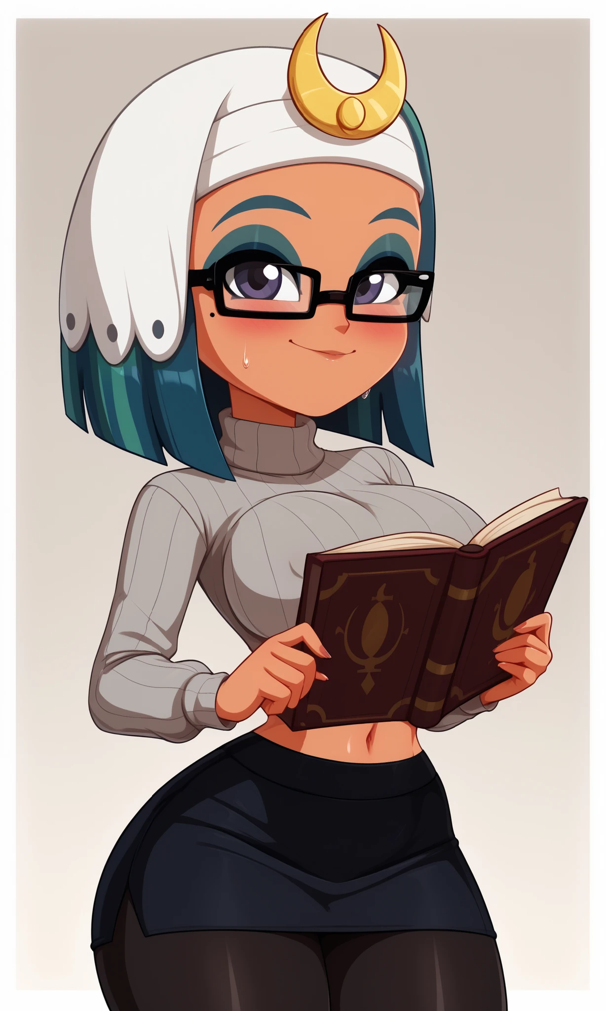 old lady wearing latex blue Bikini , gray hair, reading glasses ,