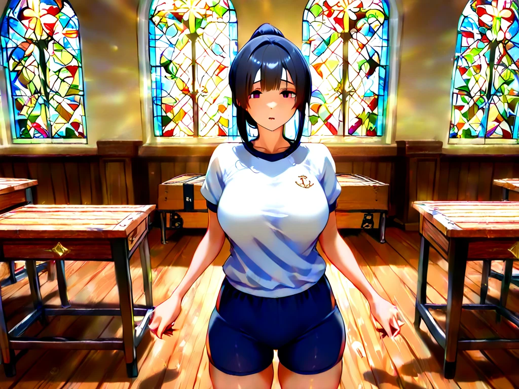 Anime, blue eyes, short black hair, wearing long plain white shirt, high res, ultrasharp, masterpiece, wet shirt, pussy, crowd, next to other people, pussy only in sight of viewer