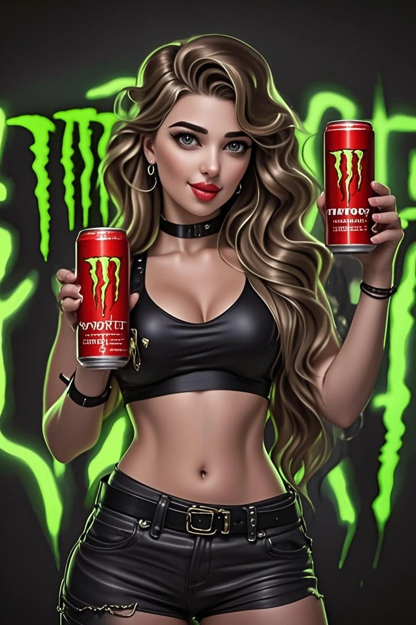 (tin sign showing pin up girl:1.3), advertisment, 1950s, <lora:pinup_girls_v1.0:0.8> woman posing for a picture, smiling, black, lime green,logo, holding monster energy, <lora:monsterENERGY_v2:0.8>