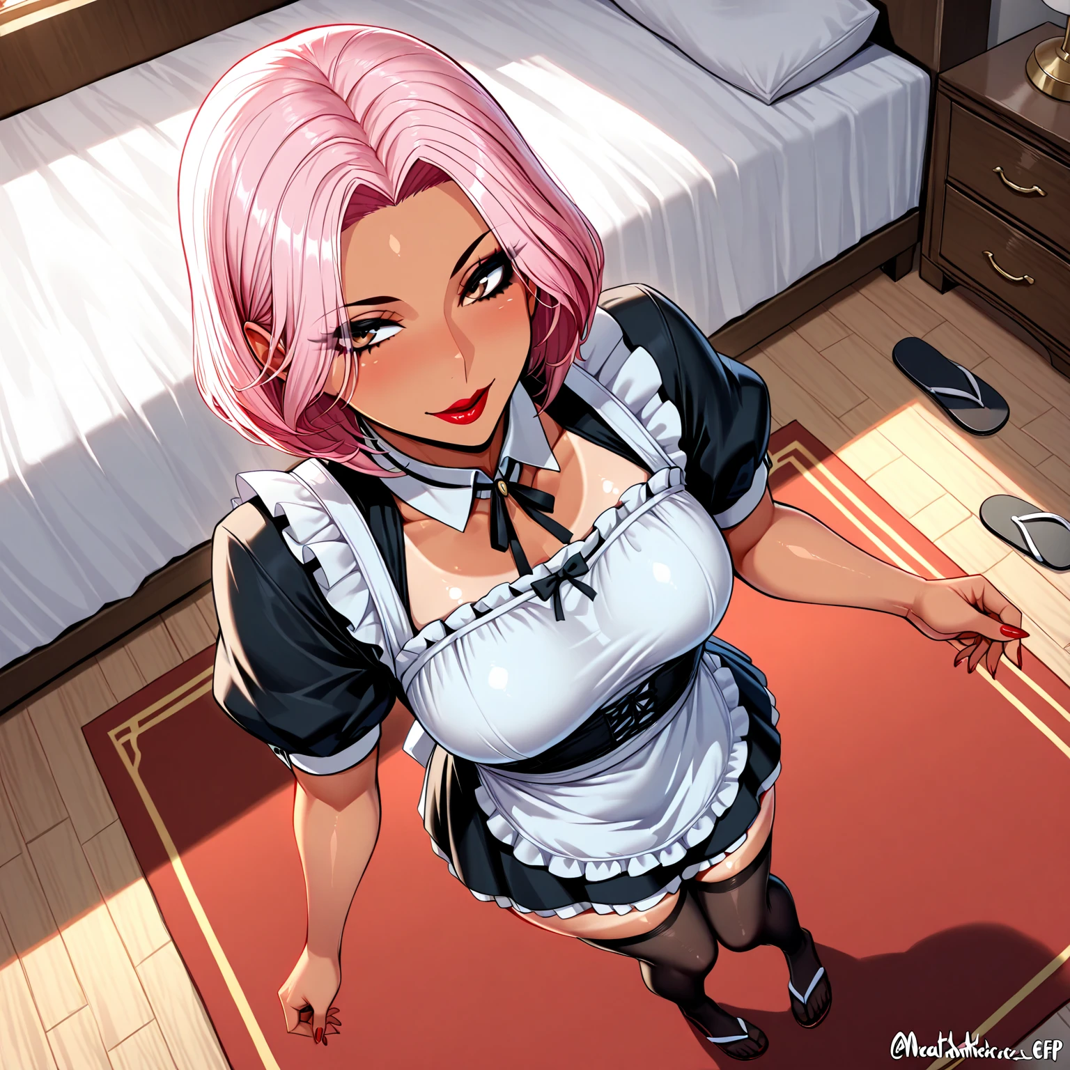 1boy, 1girl, blush, breasts, elbow gloves, eyebrows visible through hair, fellatio, gloves, heart, heart-shaped pupils, hetero, long hair, looking at viewer, maid, maid headdress, oral, penis, pink hair, pov, red ribbon, ribbon, solo focus, symbol-shaped pupils, uncensored, veins, veiny penis, <lora:rizdraws_artstyle:1>