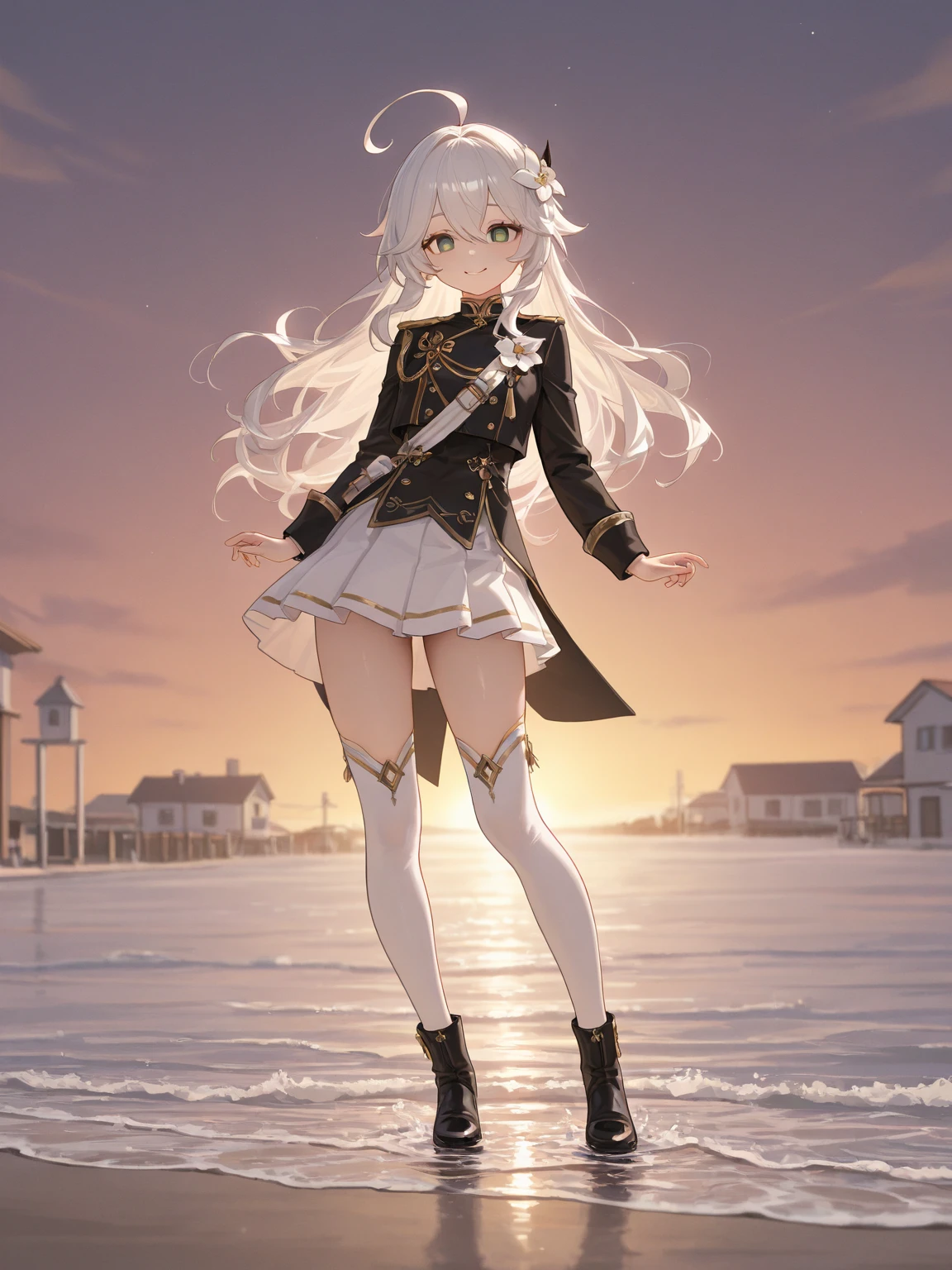 ((masterpiece)),(best quality),official art,extremely detailed CG,unity 8k wallpaper,ultra detailed,A lighthouse on a cliff by the sea,1girl,solo,cowboy shot,grey_jacket,grey-framed_eyewear,button,dark_skin,tan,glasses,twintails,rectangular_eyewear,looking_at_viewer,black_thighhighs,hair_between_eyes,semi-rimless_eyewear,very_long_hair,large_breasts,brown_eyes,grey_skirt,pleated_skirt,headgear,long_sleeves,grey_nails,blush,grey_hair,gorget,smile,black_skirt,miniskirt,jewelry,collar,cape,sakuramon,<lora:Musashi(kan)>,