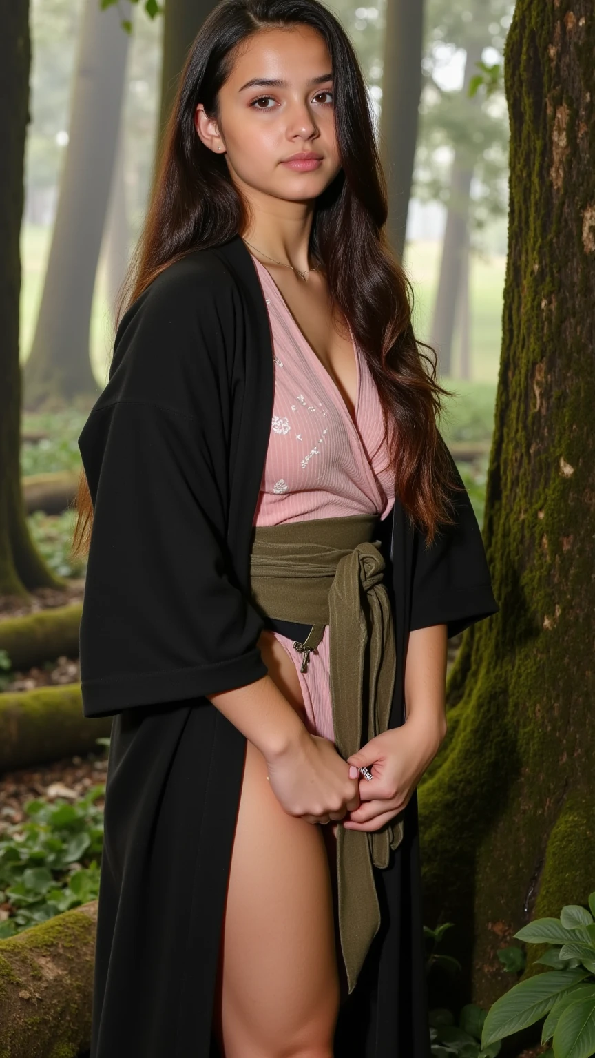 4k, realistic, very detailed, there is a girl in the woods, she is a samurai, war theme, soft clothes, long hair, wearing no panties, shaved pussy, posing against tree, 25 years old, full body medium breasts, wearing samurai boots