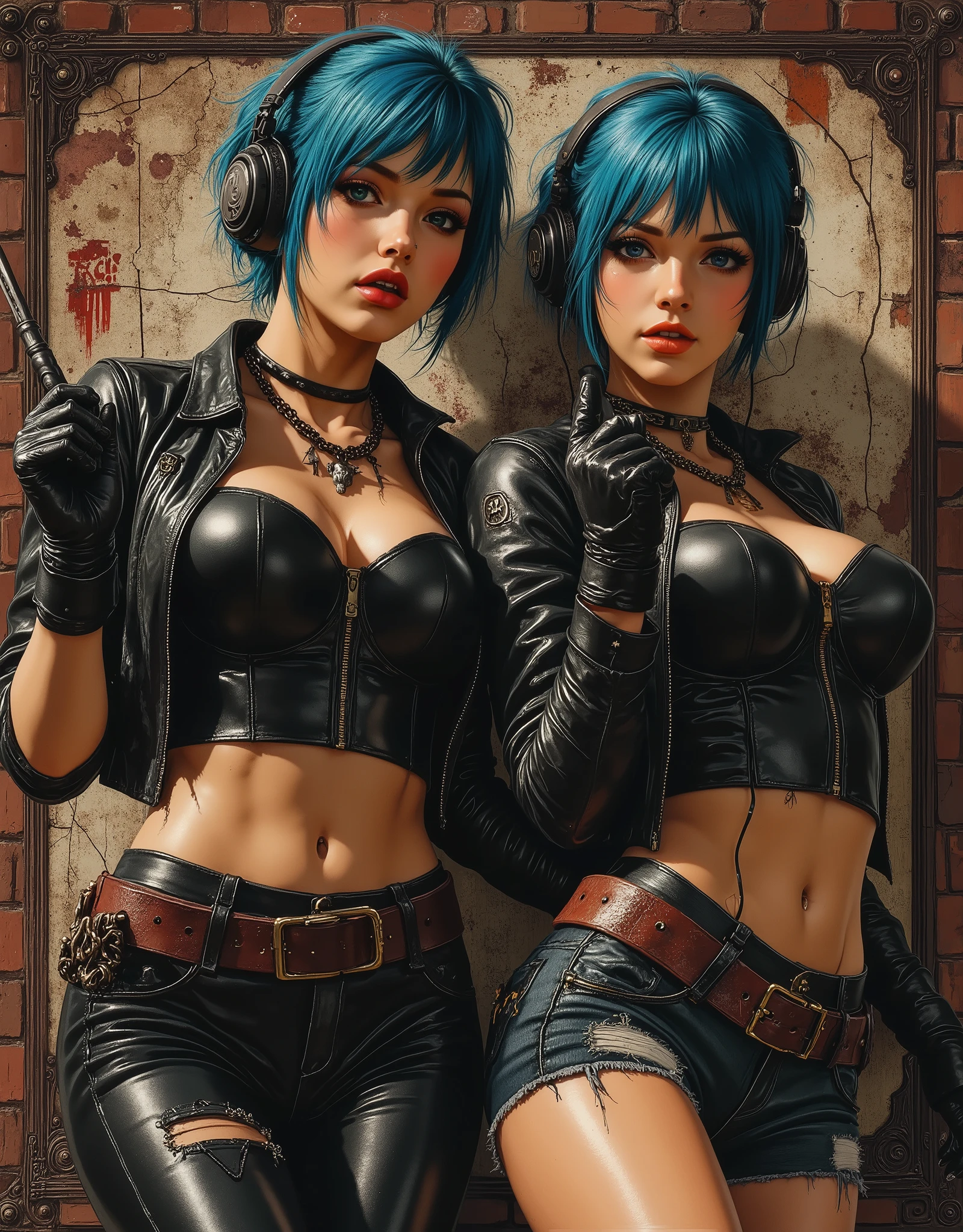 Two bright, cheeky, playfully smiling, cyberpunk European girls- pop idols, 20 years old, standing in a curved defiant pose,applauding sticks in their hands, against the background of an old brick wall, cracks, old paint,disheveled blue hair, smudged makeup, smoky eyes, shiny red lips,headphones,mirrored leather jacket,leather corset,rocker T-shirt, torn denim shorts, muscular, , leather accessories, metal decor, chains, rivets, necklaces, piercings, graffiti on the wall, side accent light, diagonal bottom corner, detailed graphics, harsh, post-apocalyptic setting, stylized digital art, promotional ads