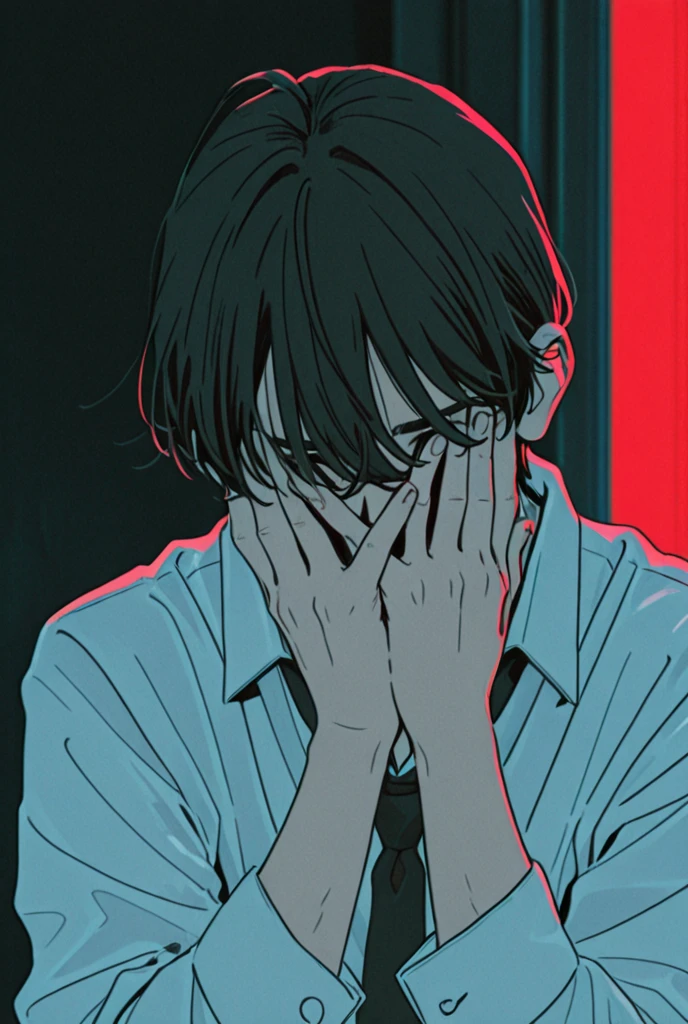 26 year old man with neat straight black hair, in a gray jacket with red details with his hand on his face crouched amid a dark black background( line art)