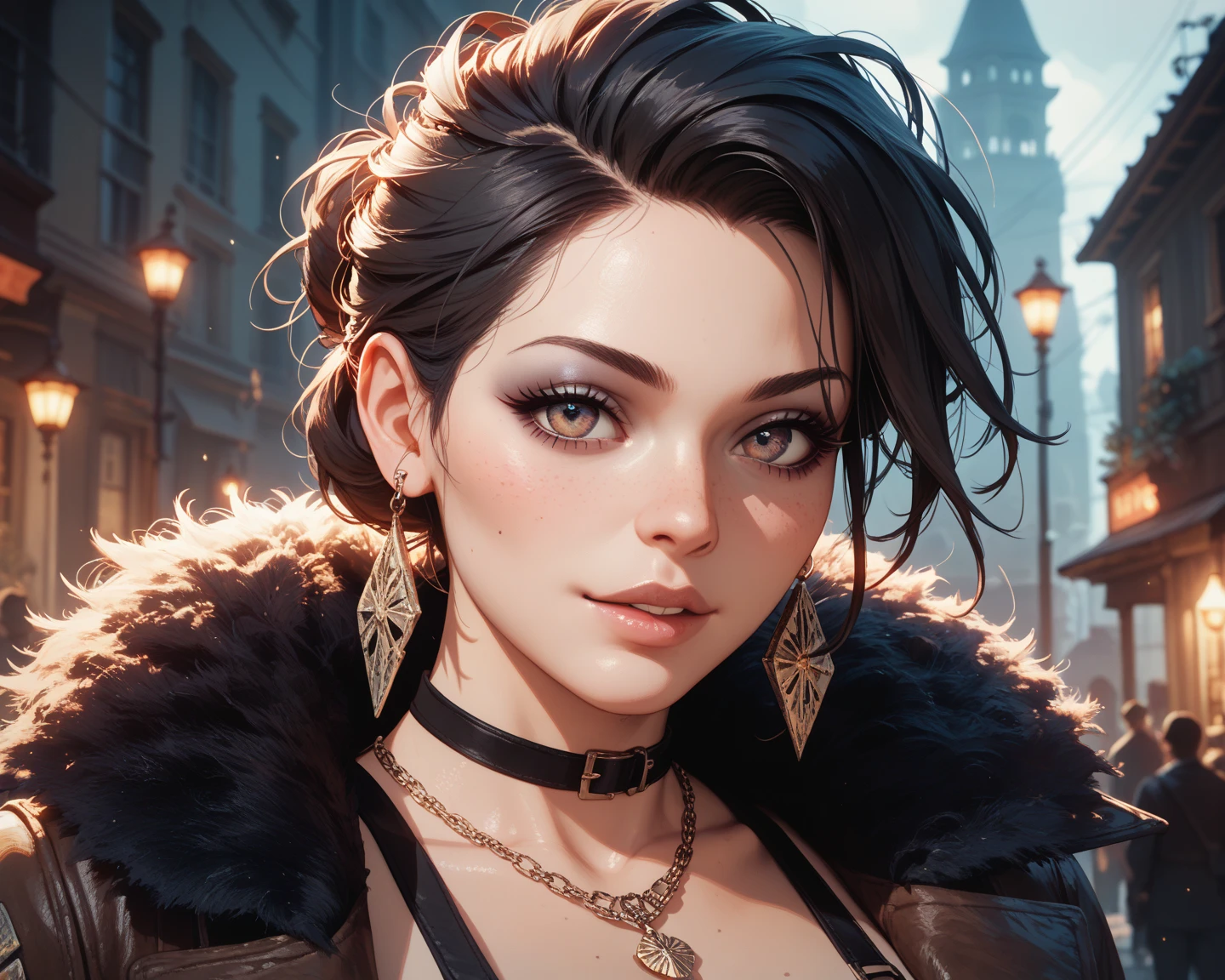 1 Solo, A realistic photograph of a woman with black hair in a very dark version, highlighting the shadows and contrasts, wearing an akatsuki cloak with details in black and red, she is in a dark street at night, with smoke, her hair is wet, colder and darker colors, smoke, dust, dark, horror effect, movie style. O manto está aberto na frente, Decote,  e sexy, ela está usando luvas preta nas mãos, seu cabelo e rosto está molhado, está vestida com o manto da akatsuke, Her skin and clothes are wet. She is facing the camera and she has no mask on her face. She has blood stains on her clothes and she looks older. She has no rain and more smoke. She has long hair and looks very realistic. She has a more futuristic outfit. She has an aggressive pose showing her sharingan eyes. The style is similar to the third photo that I generated for you. She has the longest hair possible. She has no mask and her hair is black and messy. She has black hair. She has a more realistic face like a human woman from the real world. She has a different pose and angle than the previous photos. She has a slightly different expression and lighting than the previous photos.